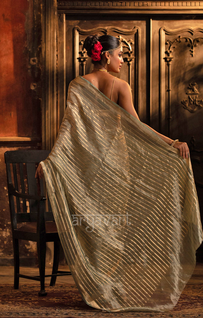 Steel Grey Banarasi Tissue Silk Saree With Gold Zari Stripes