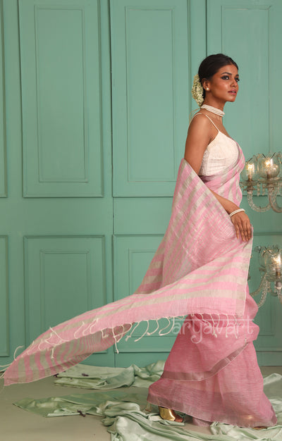 Pretty Pink Linen Saree with Silver Zari Stripes