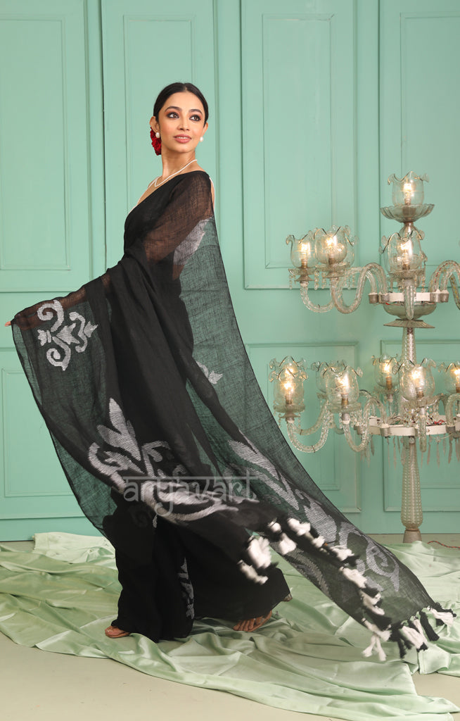 Black Linen saree With White jamdani Woven Motifs