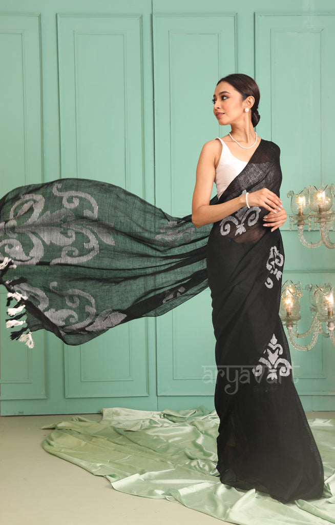 Black Linen saree With White jamdani Woven Motifs