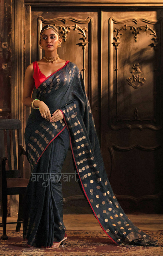 Prussian Blue Matka Silk Saree With Stunning Gold Jamdani Polka Dots Design