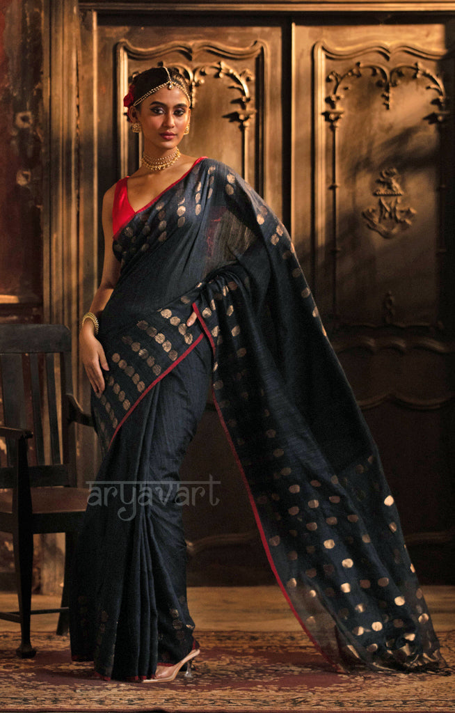 Prussian Blue Matka Silk Saree With Stunning Gold Jamdani Polka Dots Design