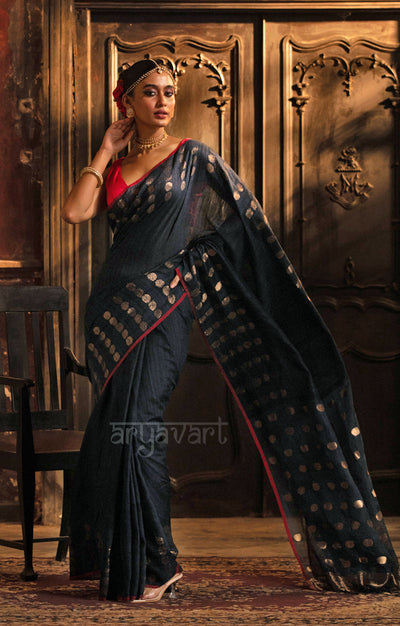 Prussian Blue Matka Silk Saree With Stunning Gold Jamdani Polka Dots Design