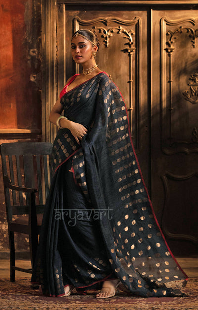 Prussian Blue Matka Silk Saree With Stunning Gold Jamdani Polka Dots Design