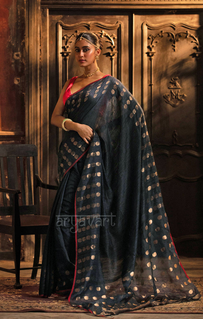 Prussian Blue Matka Silk Saree With Stunning Gold Jamdani Polka Dots Design