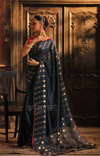 Prussian Blue Matka Silk Saree With Stunning Gold Jamdani Polka Dots Design