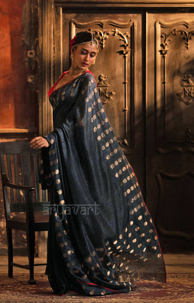 Prussian Blue Matka Silk Saree With Stunning Gold Jamdani Polka Dots Design