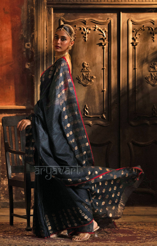 Prussian Blue Matka Silk Saree With Stunning Gold Jamdani Polka Dots Design