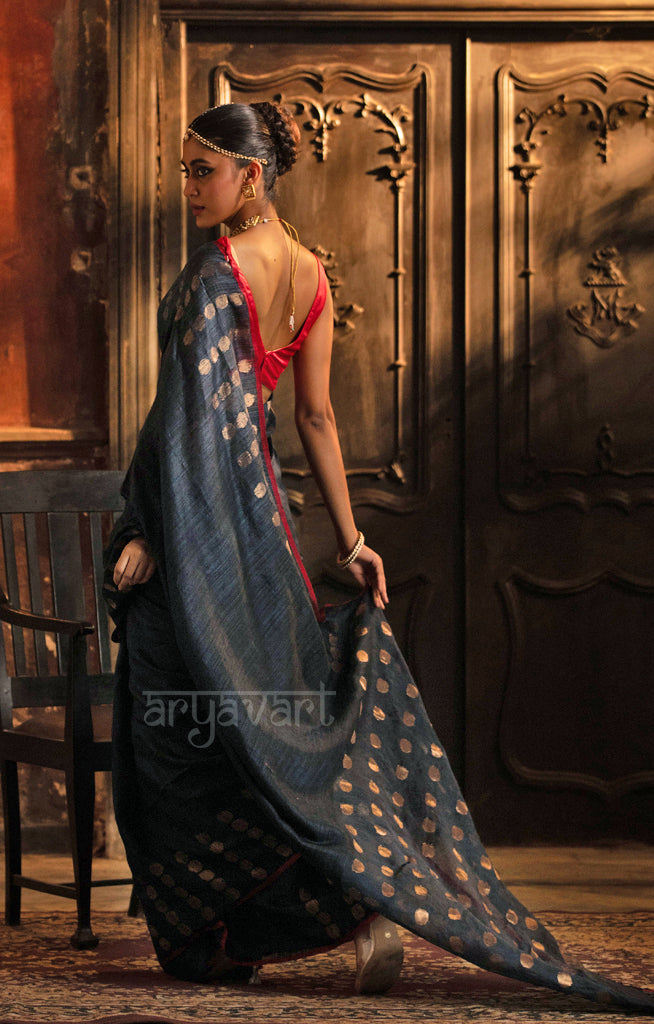 Prussian Blue Matka Silk Saree With Stunning Gold Jamdani Polka Dots Design