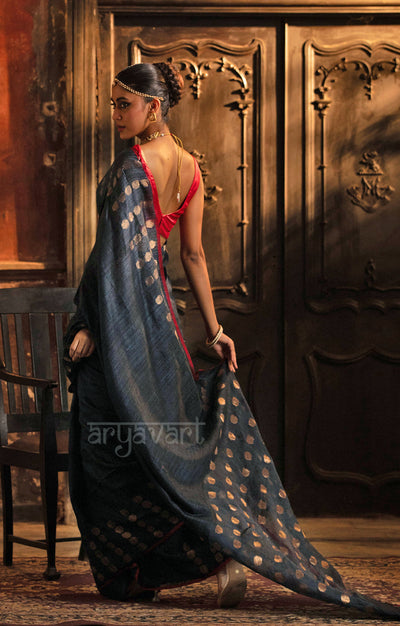 Prussian Blue Matka Silk Saree With Stunning Gold Jamdani Polka Dots Design