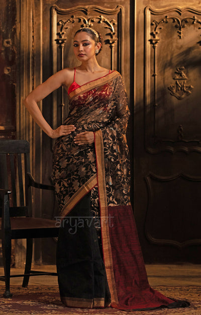 Striking Black Matka Silk Saree With Striking Jaal Jamdani Design in Zari