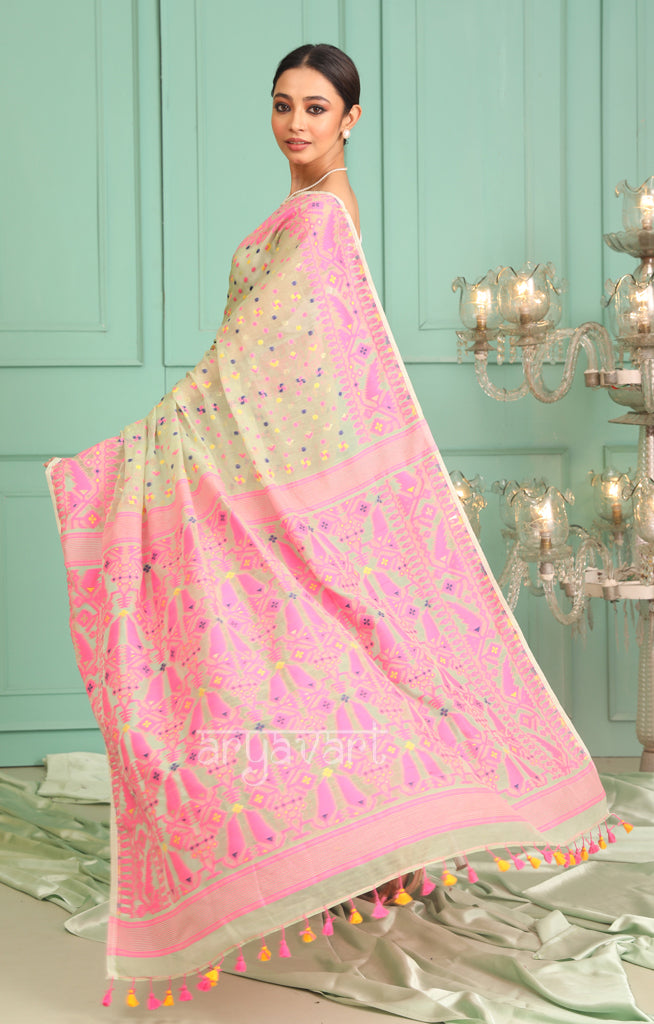 Mint Green Jamdani Saree with Pink Woven Boarder & Pallu