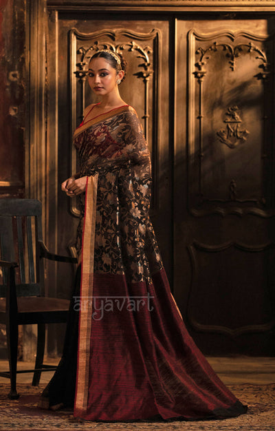 Striking Black Matka Silk Saree With Striking Jaal Jamdani Design in Zari