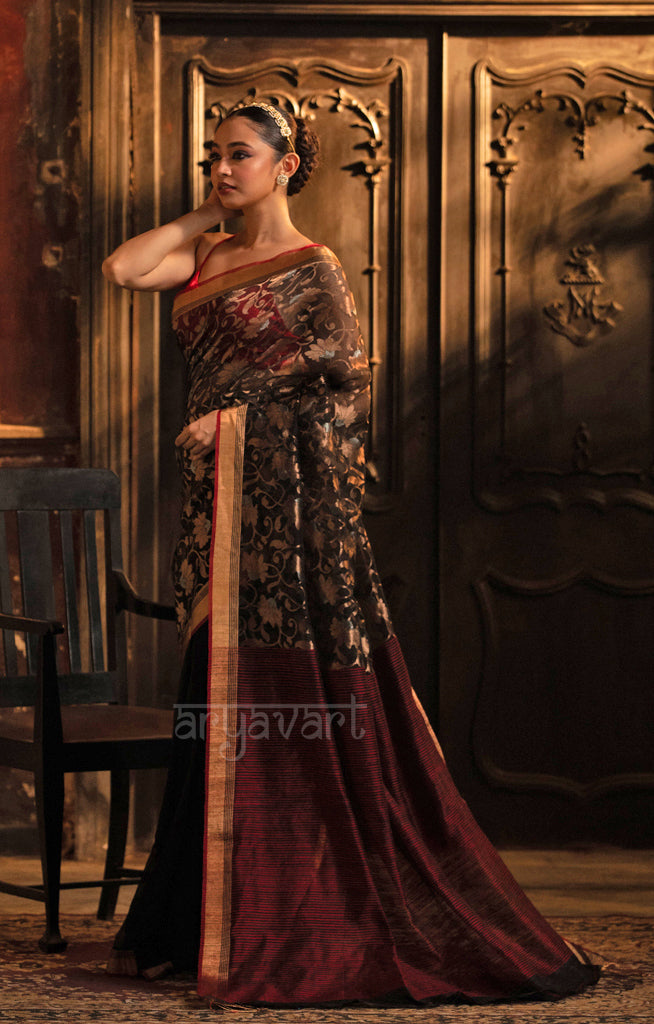 Striking Black Matka Silk Saree With Striking Jaal Jamdani Design in Zari