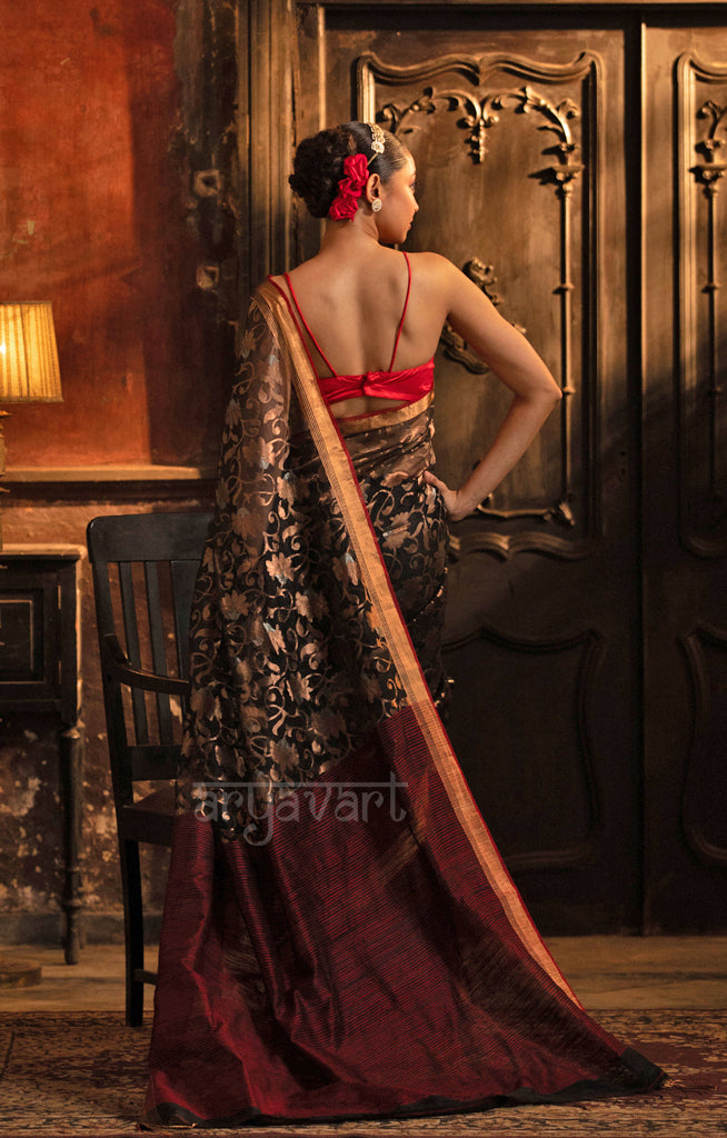 Striking Black Matka Silk Saree With Striking Jaal Jamdani Design in Zari