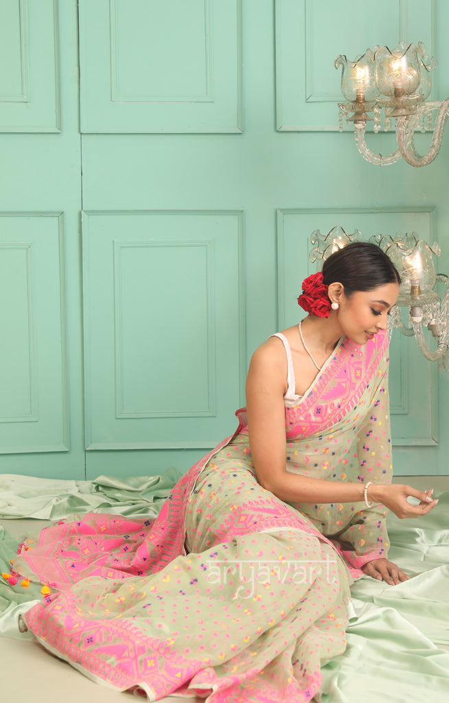 Mint Green Jamdani Saree with Pink Woven Boarder & Pallu