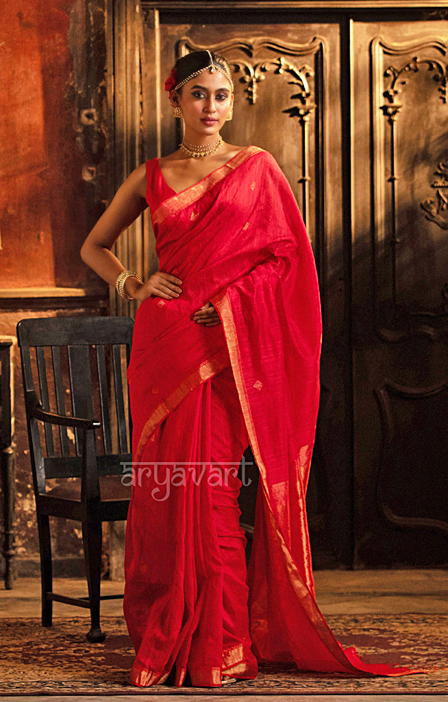 Scarlet Red Matka Silk Saree with Woven Jamdani Design