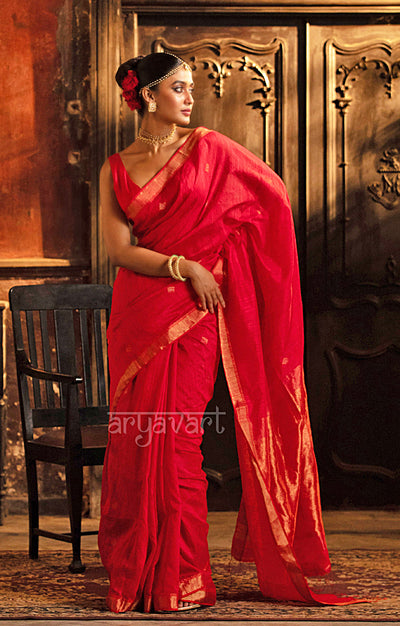 Scarlet Red Matka Silk Saree with Woven Jamdani Design