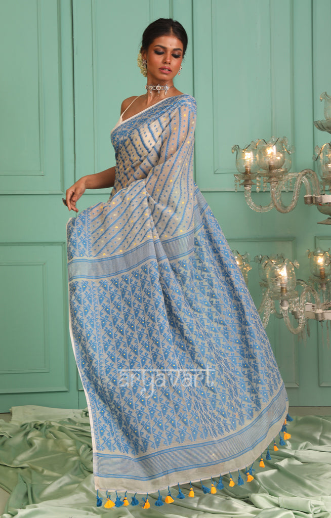 White Saree With Woven Jamdani Line Design In Blue