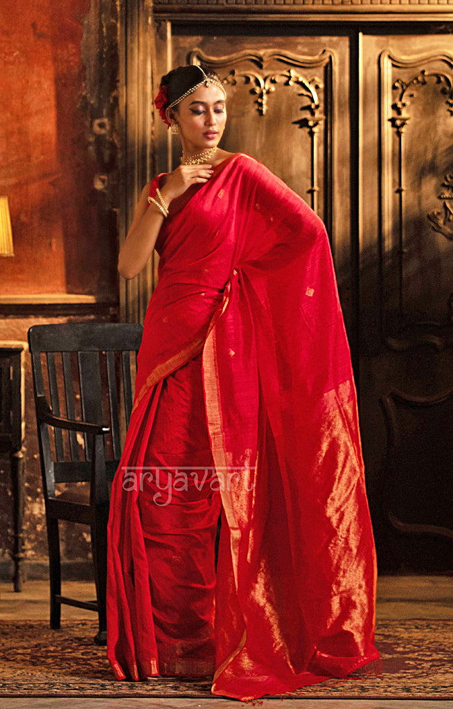 Scarlet Red Matka Silk Saree with Woven Jamdani Design