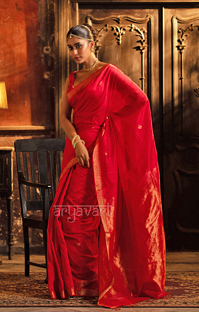 Scarlet Red Matka Silk Saree with Woven Jamdani Design