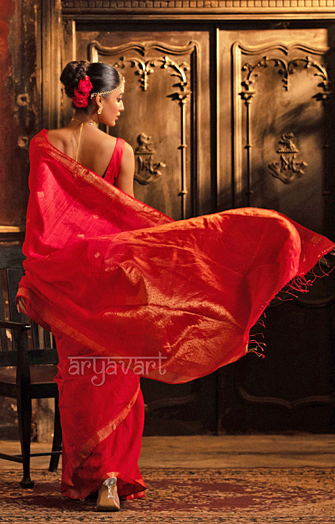 Scarlet Red Matka Silk Saree with Woven Jamdani Design