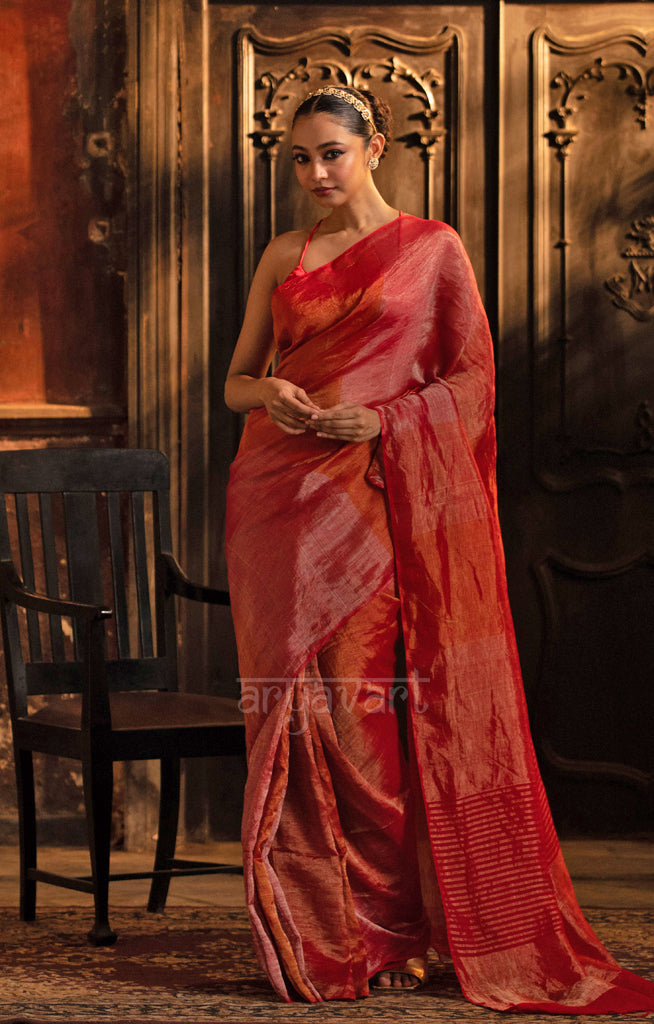 Sunning Scarlet & Crimson Red Tissue Linen Saree