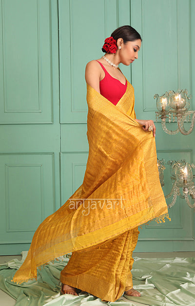 Golden Yellow Matka Silk Saree With Zari Woven Design