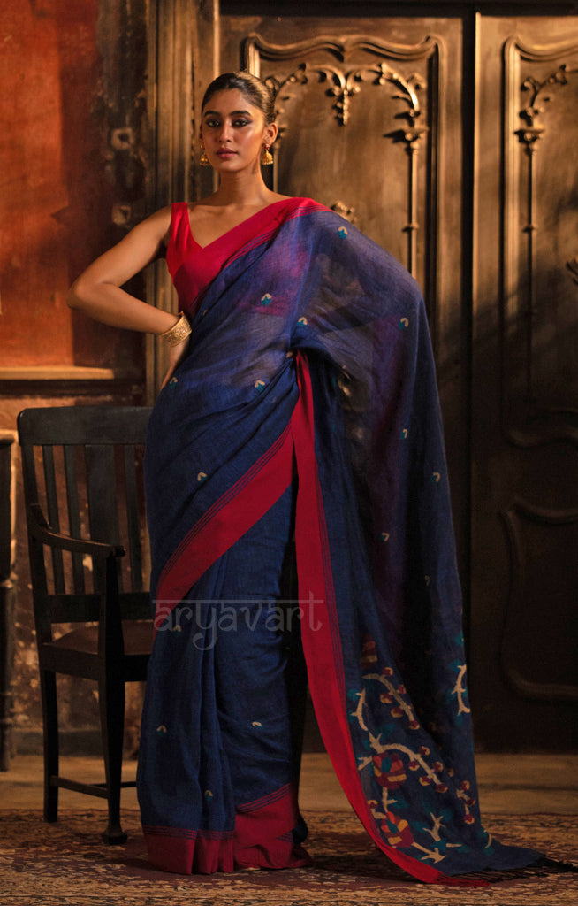 Royal Blue Linen Saree With Striking Woven Jamdani Design