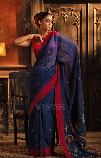 Royal Blue Linen Saree With Striking Woven Jamdani Design