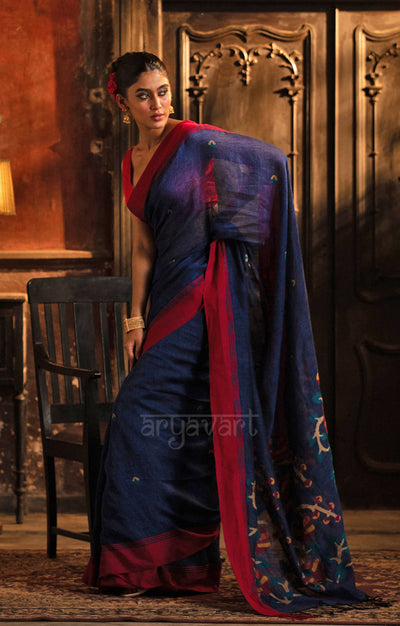 Royal Blue Linen Saree With Striking Woven Jamdani Design