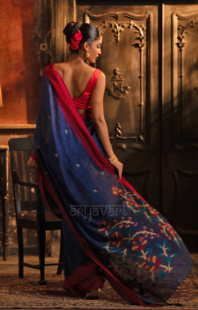 Royal Blue Linen Saree With Striking Woven Jamdani Design