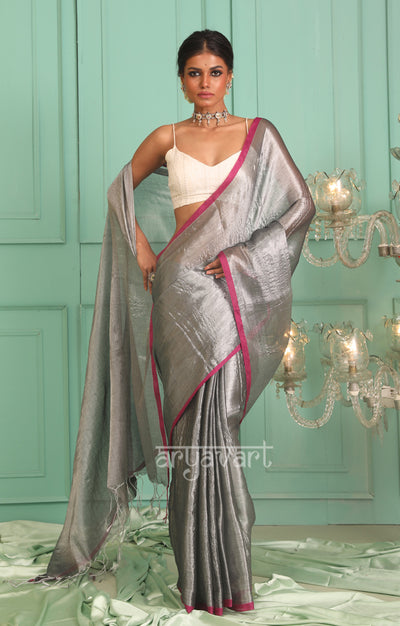 Silver Tissue Cotton saree With A Thin Fuchsia Border