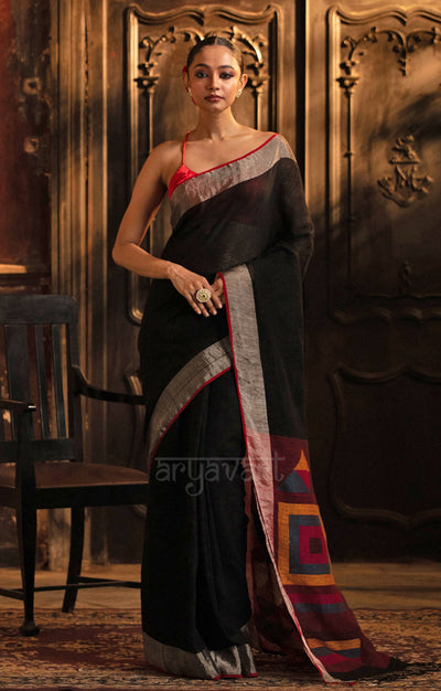 Black Linen Saree With Geometric Woven Jamdani Design on Pallu