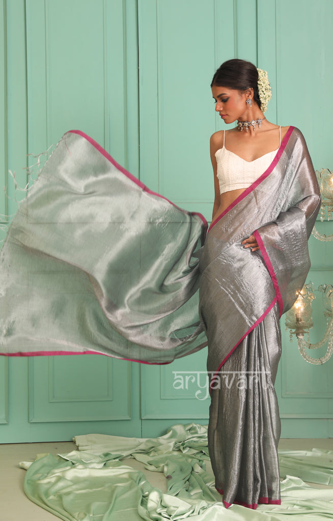 Silver Tissue Cotton saree With A Thin Fuchsia Border