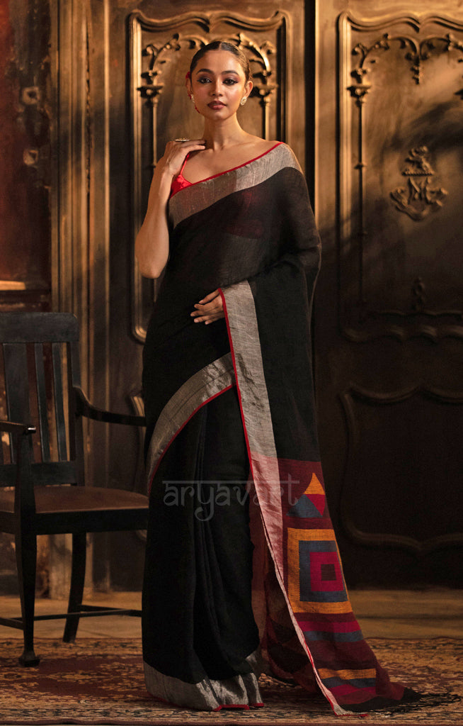 Black Linen Saree With Geometric Woven Jamdani Design on Pallu