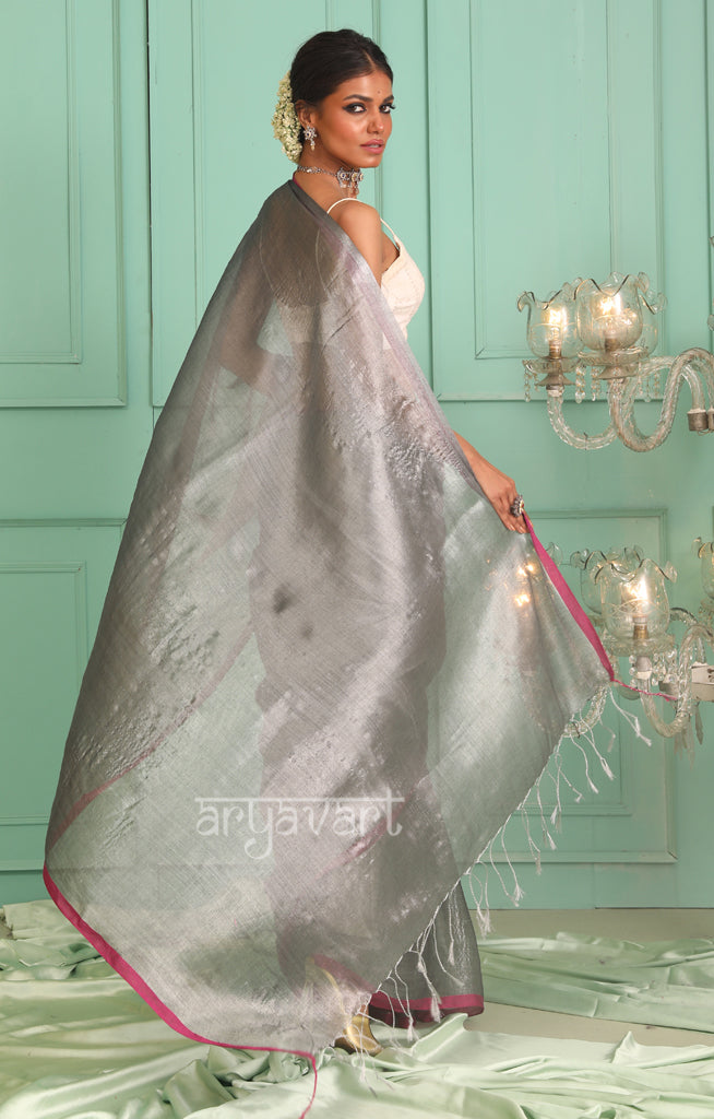 Silver Tissue Cotton saree With A Thin Fuchsia Border