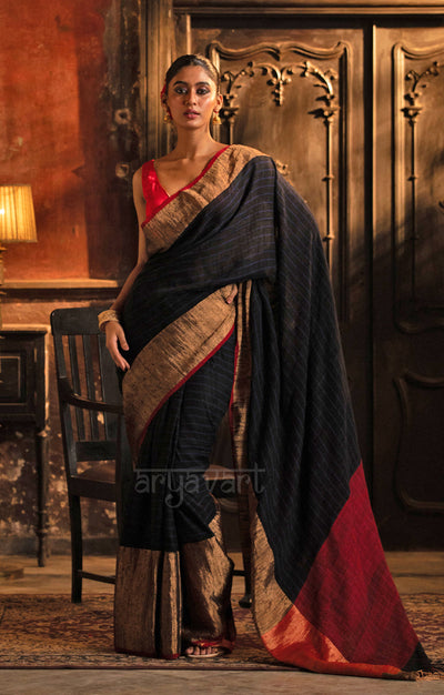 Black Tussar Silk Saree With Gold Border