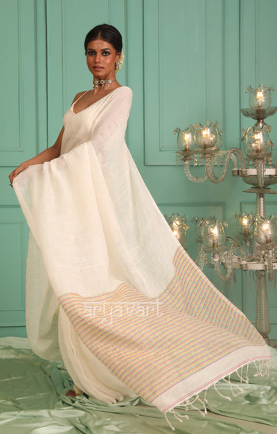 Stunning White Linen Saree With Multi coloured Thread Pallu