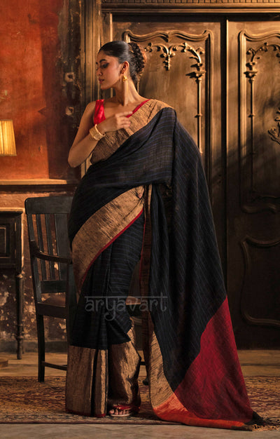 Black Tussar Silk Saree With Gold Border