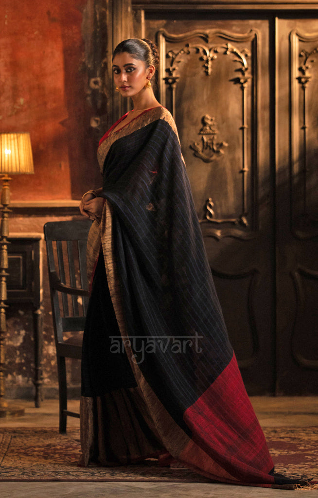 Black Tussar Silk Saree With Gold Border