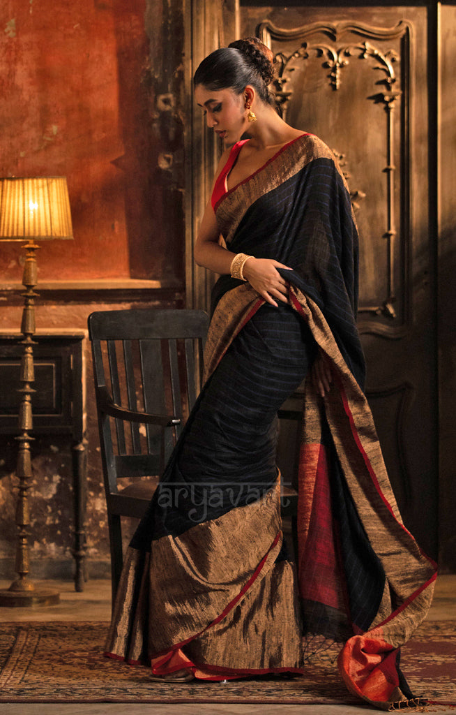 Black Tussar Silk Saree With Gold Border