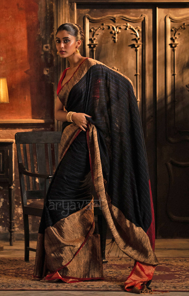 Black Tussar Silk Saree With Gold Border