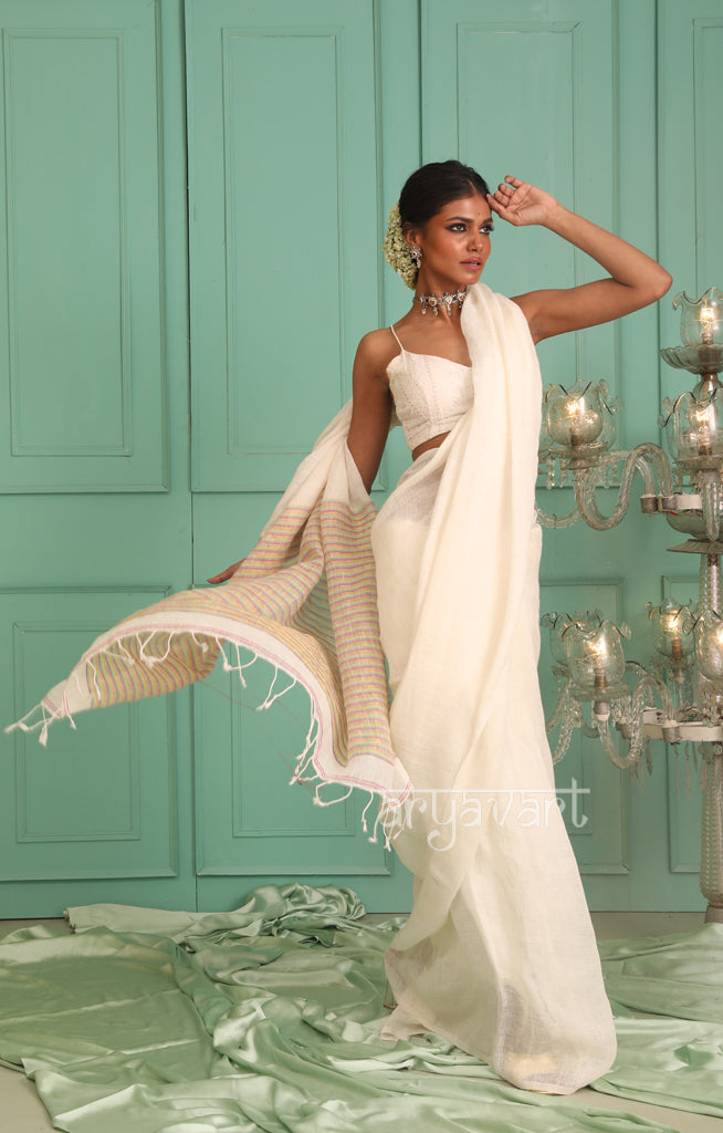 Stunning White Linen Saree With Multi coloured Thread Pallu