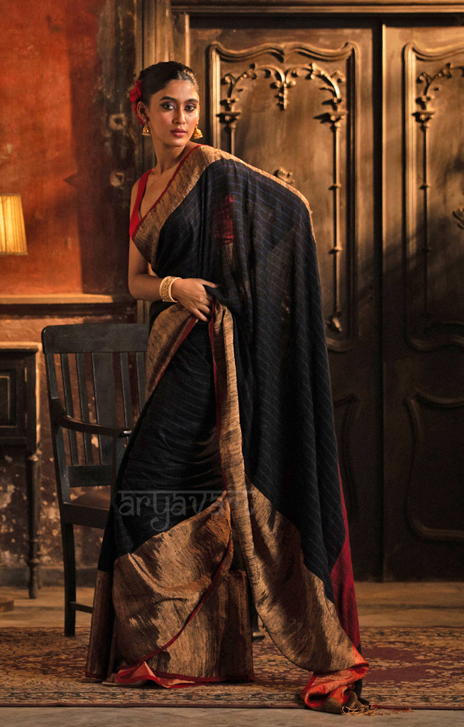 Black Tussar Silk Saree With Gold Border