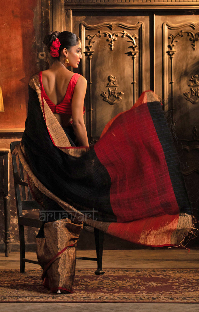 Black Tussar Silk Saree With Gold Border