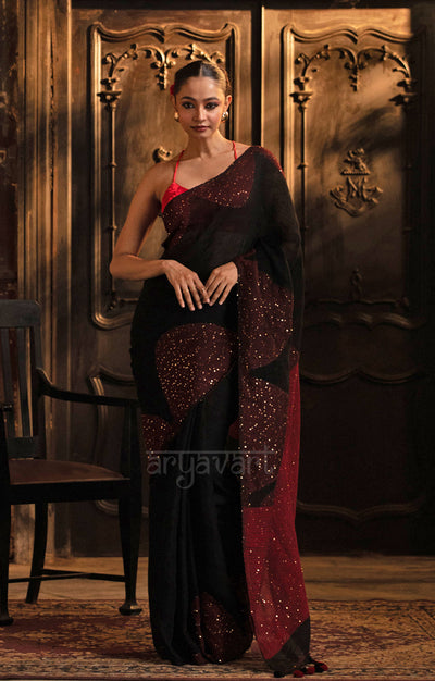 Stunning Black Linen Saree With Red Border & Woven In Sequence