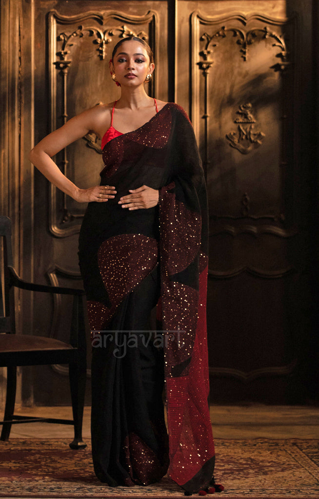 Stunning Black Linen Saree With Red Border & Woven In Sequence