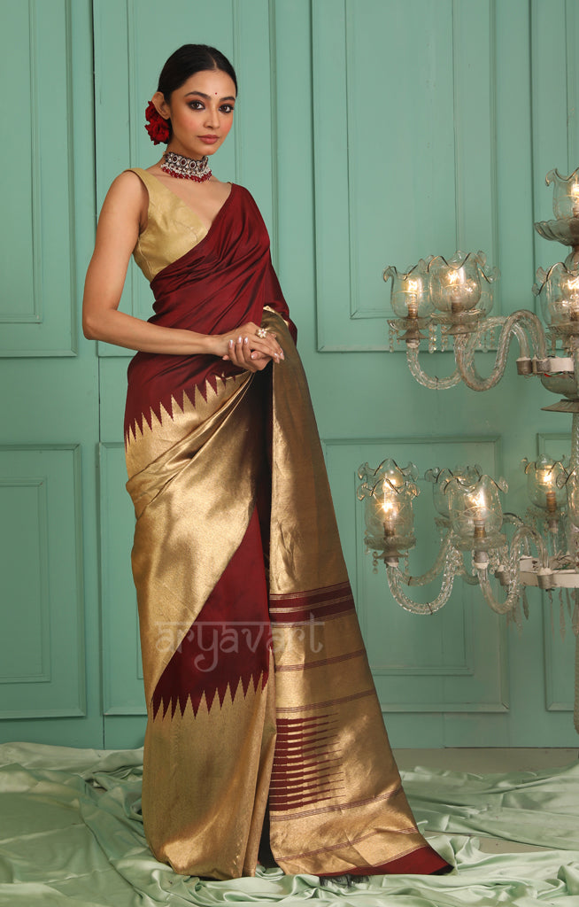 Stunning Maroon Kanchipuram Silk Saree With Gold Tissue Body & Pallu