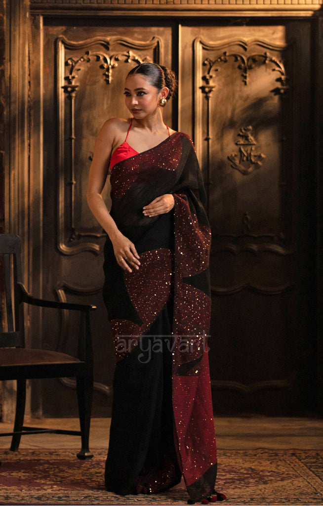 Stunning Black Linen Saree With Red Border & Woven In Sequence